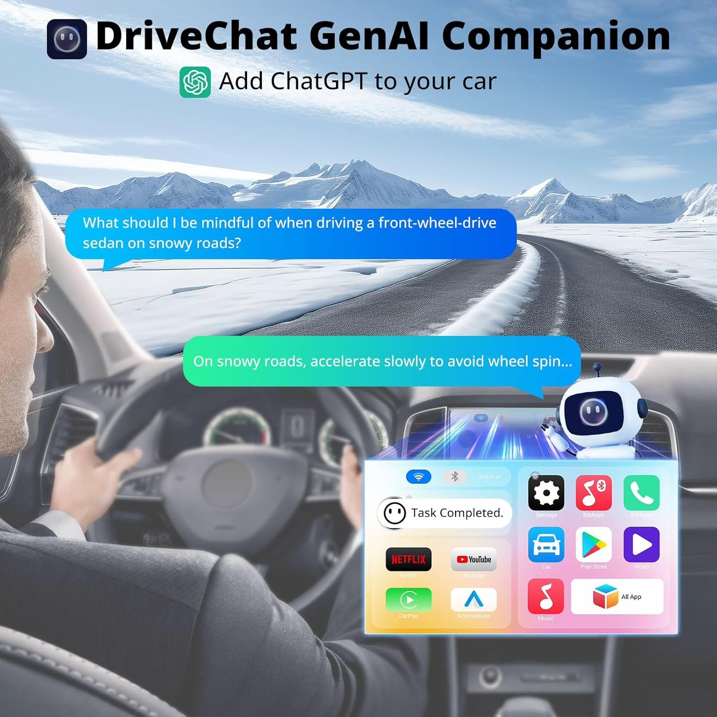AI Box CarPlay with Bluetooth OBD2 Scnaner，2025 Upgrade Wireless CarPlay Adapter Compatible with YouTube, Plug & Play Smart AI Box Support DriveChat, Dual Bluetooth, Dual Wi-Fi, (CB4A-BK-S01)