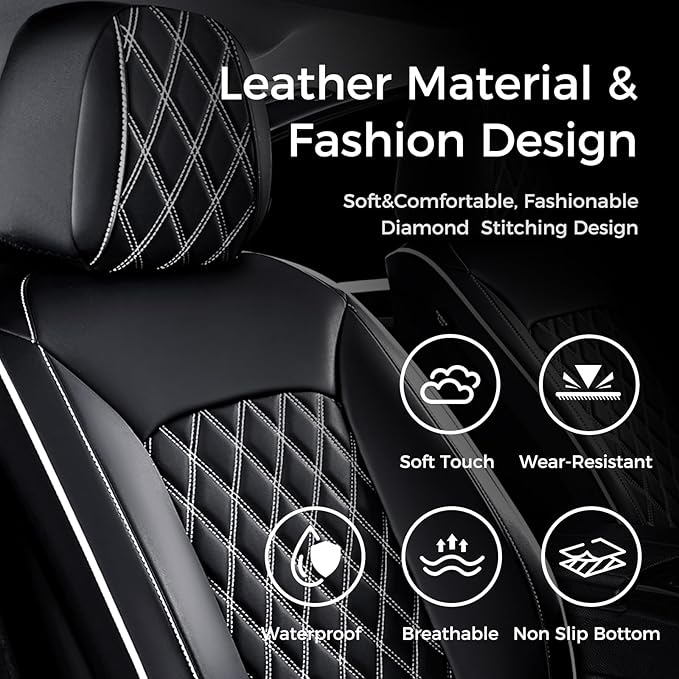 Huidasource Driver Seat Cover, Faux Leather Auto Front Seat Covers, Car Seat Covers Front Seats Universal Fit for Most Cars, Van, Truck, SUV, Fit for Honda Civic Nissan etc (Front Pair/Black&White)