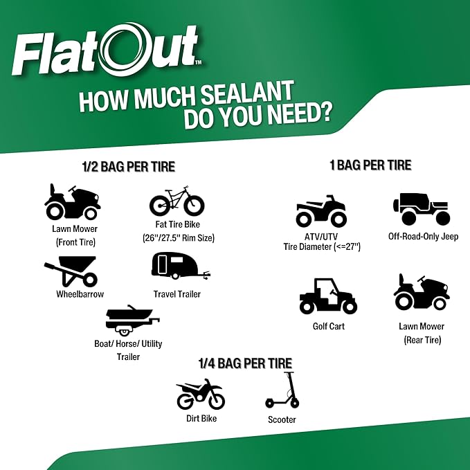 FlatOut Off-Road Tire Sealant, Outdoor Power Equipment Formula, Prevents Flat Tires, Fix a Flat Tire, Seals Leaks, Contains Kevlar, 32 Ounce Bag, 1-Pack