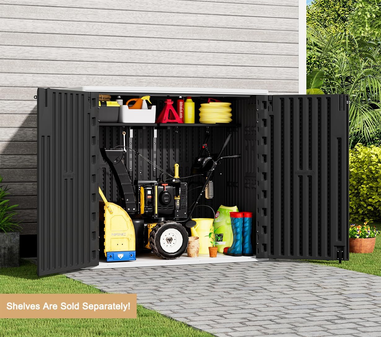 KINYING Outdoor Horizontal Storage Sheds,37 Cu.ft Outdoor Storage Cabinet Waterproof Resin Tool Storage Box for Lawn Mower,Garden Tools and Patio Furniture, Lockable (Black)