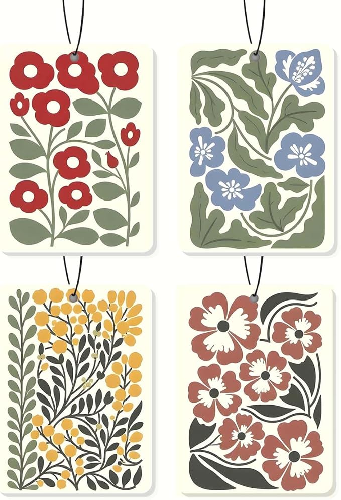 Floral Pattern Car Air Freshener 4 Pcs, Colorful Flower Hanging Scents Air Freshener for Women Girls Gifts, Decorative Scented Car Accessories Decor for Room Closet Drawer