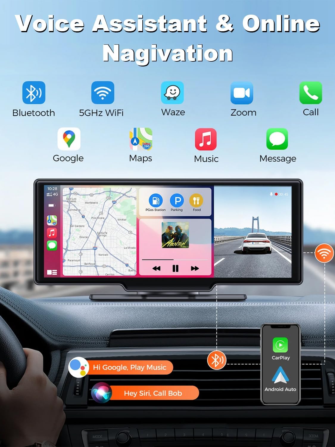 Apple Carplay Screen for Car, 10.26’’ Wireless CarPlay & Android Auto Screen with 4K Dash Cam, 1080P Backup Camera, Car Play Audio Receivers, GPS Navigation/Mirror Link/Bluetooth/FM/Voice Control