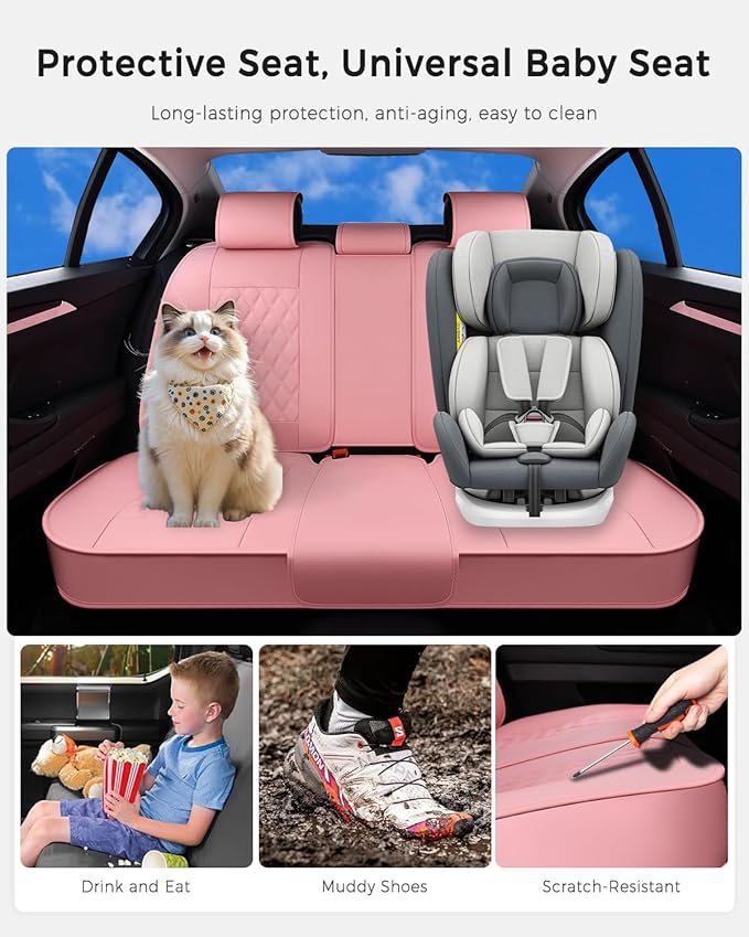 Huidasource Pink Rear Seat Covers, Nappa Leather Back Seat Covers Velcro Adjustable, Compatible with Armrests, Seat Belts, Child Safety Seats, Fit for Most Cars SUVs Trucks (Back Row/Pink)