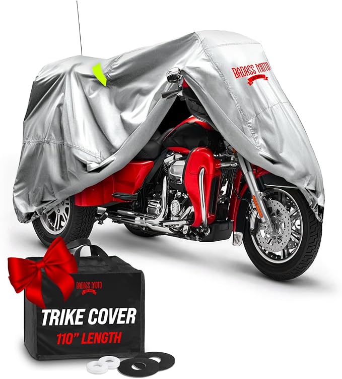 Badass Moto Ultimate for Harley Trike Cover Waterproof Motorcycle Cover - Heavy Duty Motorcycle Cover Fits Harley Davidson Tri Glide Accessories, Durable All Season Vented Sun Cover - Light Gray