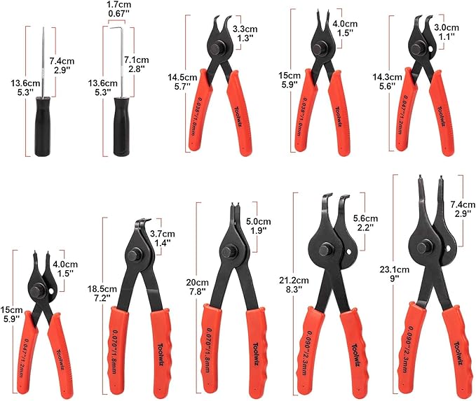 Toolwiz Snap Ring Pliers Set, 10 Pcs Internal & External Retaining Ring Circlip C Clip Pliers, Heavy Duty Bent Straight Automotive Tools, Include Hook, Pick, and Storage Case