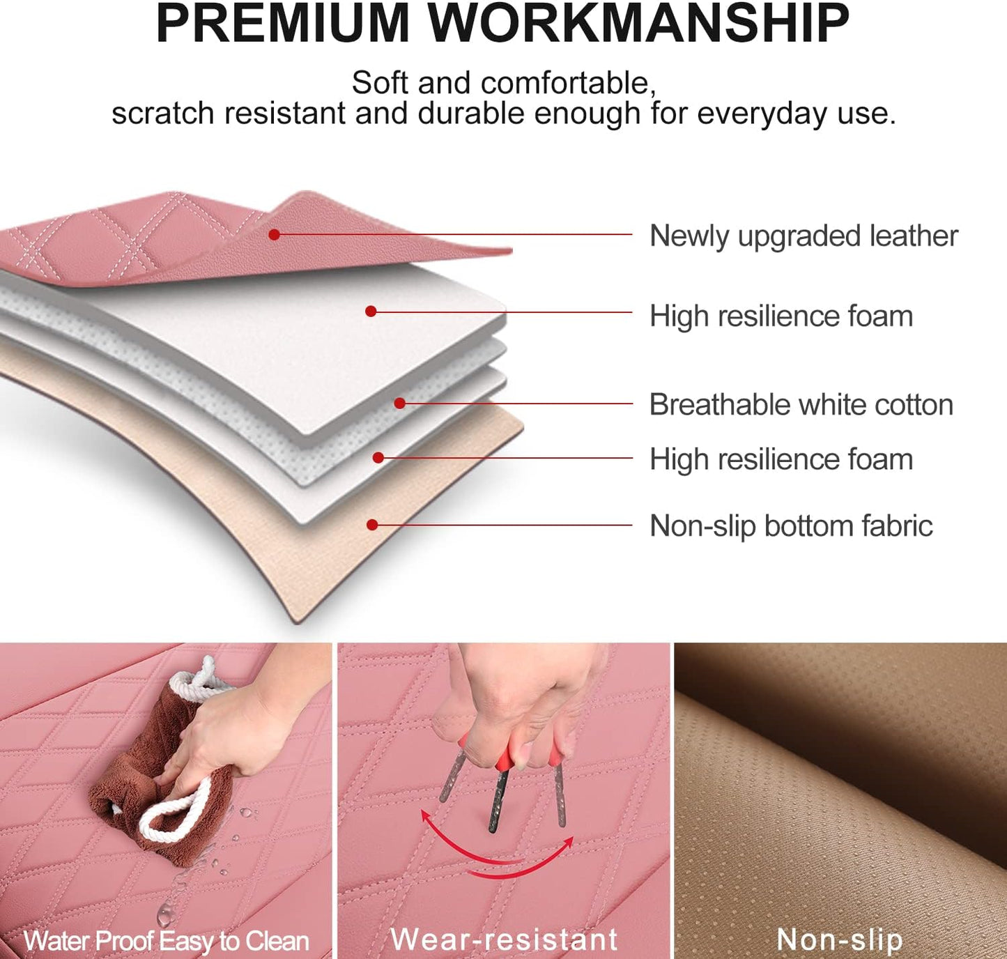 2 Pack Leather Front Car Seat Cover Bottom Car Seat, Anti-Slip and Full Wrap Driver Car Seat Protectors with Storage Pocket, Luxury Waterproof Bottom Auto Seat Cushion Pad Mat for Most Vehicles(Pink)