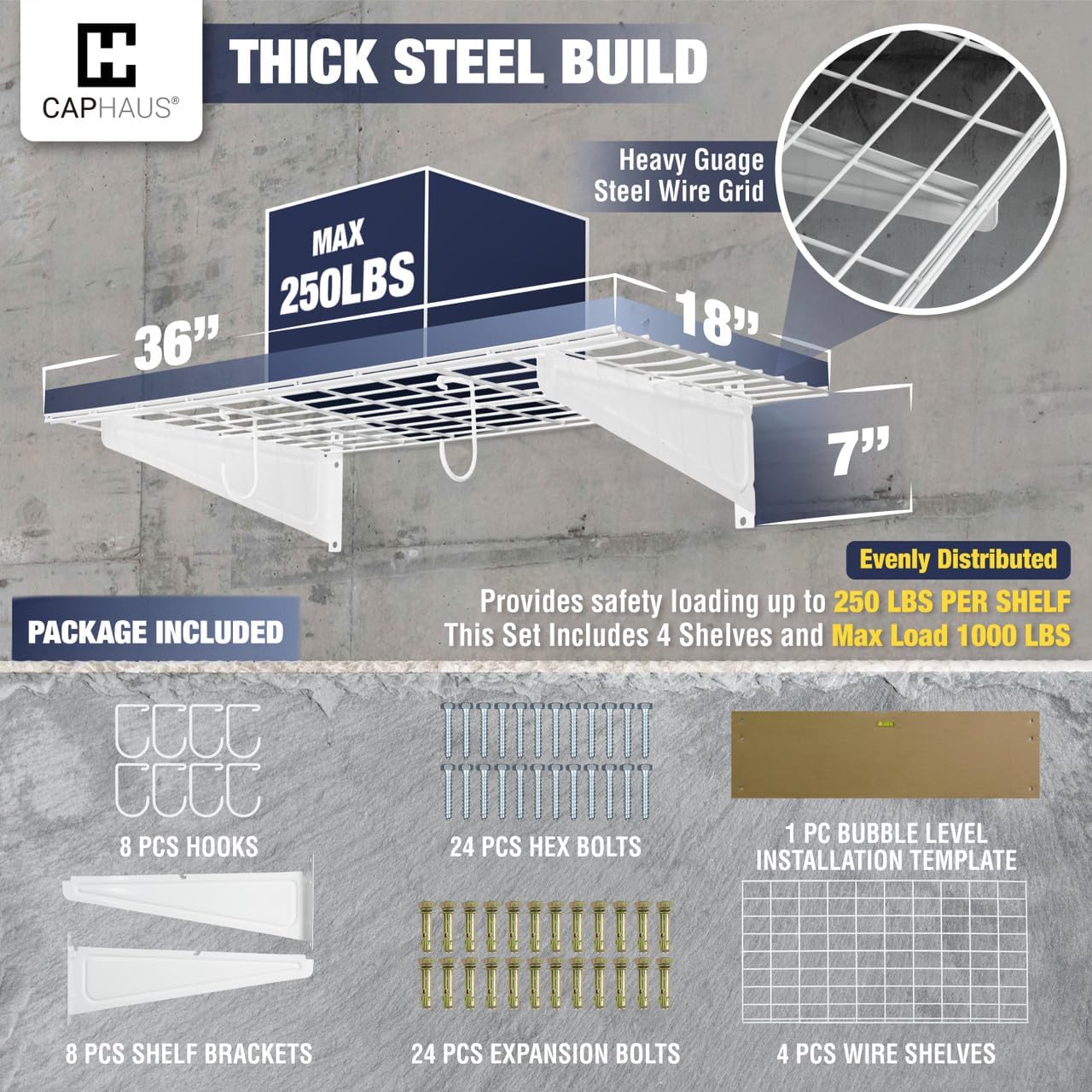 Fencer Wire 72 in. W x 18 in. D Wall Mounted Garage Wall Shelving w/ 4 Hooks, White Wall Shelf, Heavy Duty Garage Wall Storage System, Garage Organizer Floating Shelves, 1000lb Weight Capacity