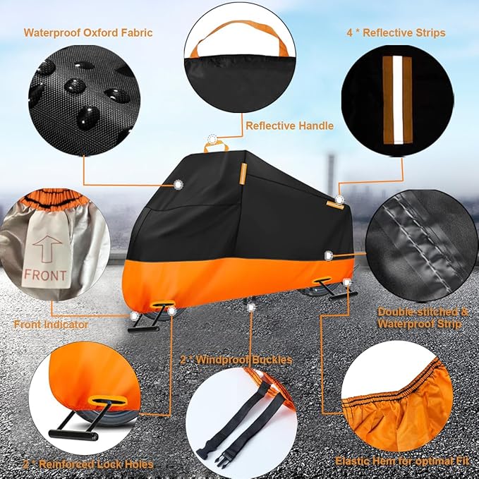 Motorcycle Cover Waterproof Outdoor, 300D Heavy Duty Motorcycle Cover for Harley Davidson Sportster 1200 883 Fat Boy 114 Street Bob, All Seasons Protection Scooter Cover Fits up to 96"