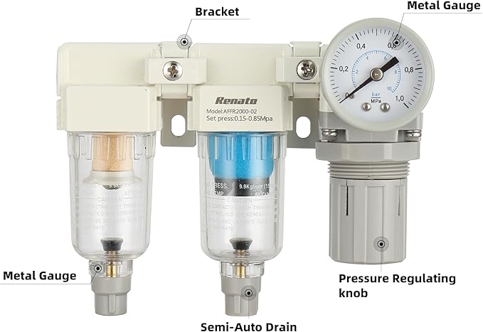 1/4" NPT Three Stage Air Drying System - 0.01 Micron Particulate Filter Air Pressure Regulator Combo - 0-125psi Gauge, Semi-Auto Drain, Metal Bracket