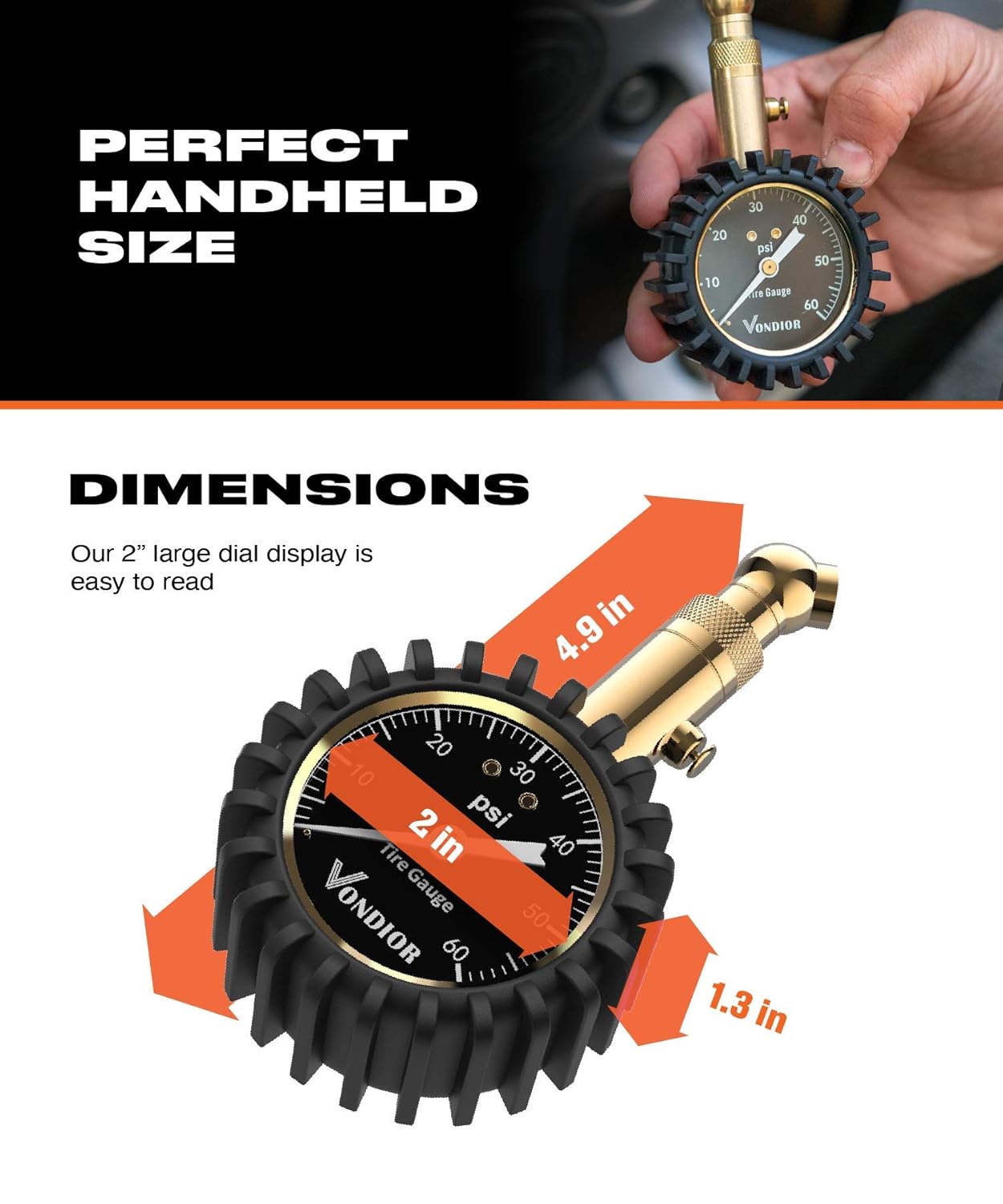 Tire Pressure Gauge - (0-60 PSI) Heavy Duty, Certified ANSI Accurate with Large 2 Inch Easy to Read Glow Dial, Low - High Air Pressure Gauge. Tire Gauge for Car and Trucks Tires by Vondior