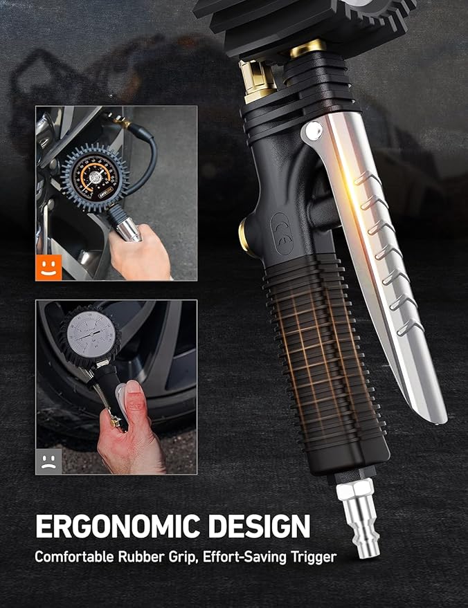 SAFELIFE Tire Pressure Gauge with Inflator 230PSI - Heavy Duty Air Chuck and Compressor Accessories with 17.7" Rubber Hose, Large 3" Easy Read Glow Dial for Truck and RV