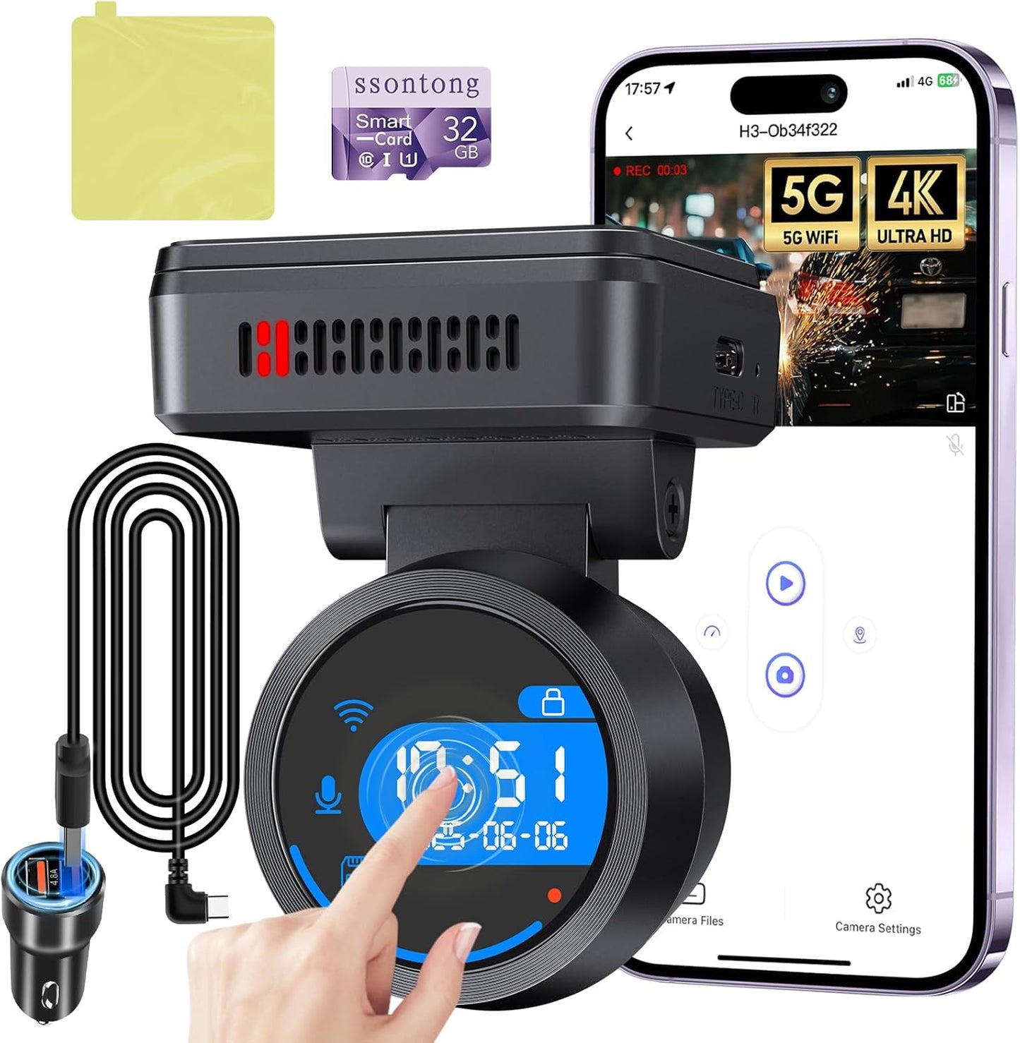 Dash Cam Front 4K Dash Camera for Cars Built-in WiFi/APP Control Dashcams for Cars, 1.2" IPS Touch Screen Dash Cam with Free 32GB Card,170°Wide Angle, G-Sensor, Night Vision, 24H Parking Mode Dashcam