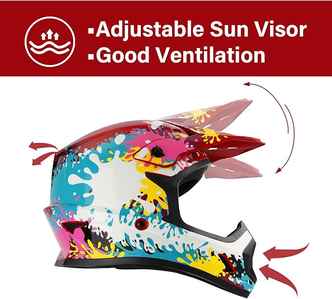 XFMT DOT Youth Kids Dirt Bike Helmet Full Face Motocross Helmets for Off-Road ATV Street Bike Four Wheeler Motorcycle with Goggles & Gloves, Spray Graffiti Medium