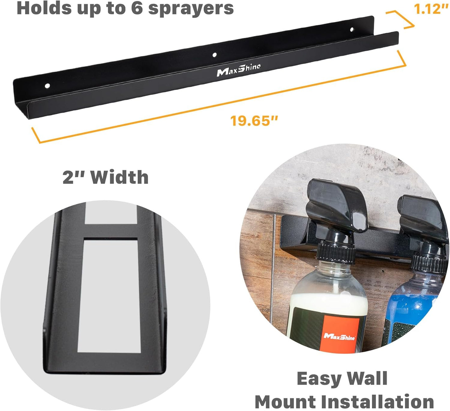 Maxshine Universal Detailing Spray Bottle Holder - Wall-Mounted Organizer for Mobile & Garage Detailing, Holds 6 Sprayers (16oz), Universal Lightweight Professional Accessory (2)