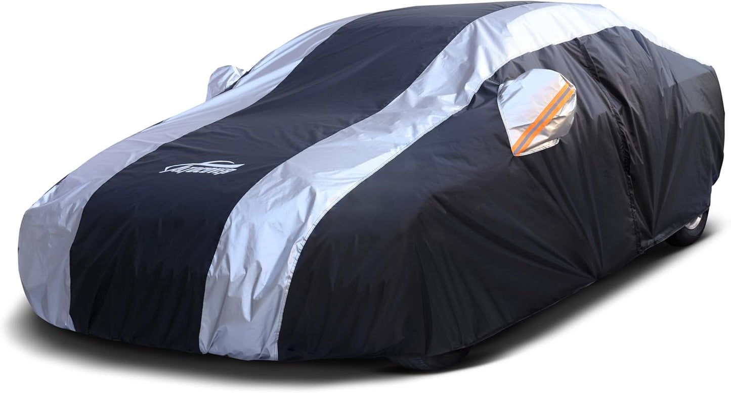 Small Car Cover Waterproof All Weather Protection with Silver Stripe Design,Universal Fit Nissan Versa, Hyundai Accent, Mazda MX-3 RX8, Subaru BRZ, Audi TT, Porsche 718 Boxster Cayman