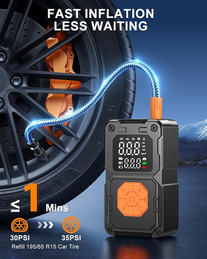 Cordless Portable Air Pump, 150PSI Fast Tire Inflator with Pressure Gauge & LED Light, Compact Air Compressor for Car, Bike, Motorcycle, and Balls (auto)