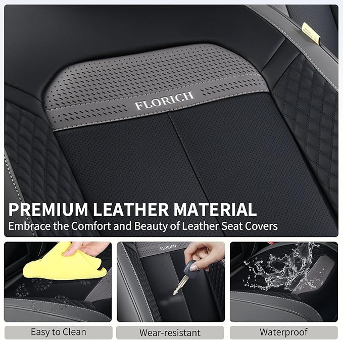 FLORICH 2 Pair Car Seat Covers, Luxury Leather Seat Covers Universal Anti-Slip Driver Seat Cover, Automotive Vehicle Seat Covers fit for Trucks Vans SUVs Sedans (2 Packs, Gary&Black)