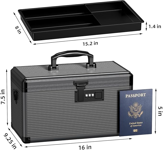 Medicine Lock Box with Code, Locking Medicine Box with Removable Tray & Pocket Bag, Portable First Aid Box for Home, 16 * 9.25 * 7.5 Inch (Black, X-Large-16inch)