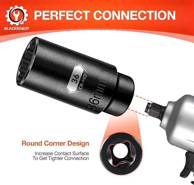 BLACKROBOT 36 mm 12-Point Deep Impact Socket, 1/2 Inch Drive, Metric, Black Manganese Phosphate Coating