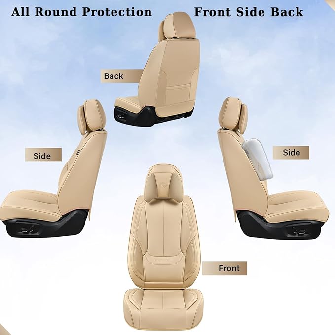 Coverado Universal Seat Covers Front, Universal Seat Covers for Cars, 2-Pack Waterproof Nappa Leather Car Seat Covers with Head Pillow, Auto Protectors Fit for Most Sedans SUV Pick-up Truck-Beige