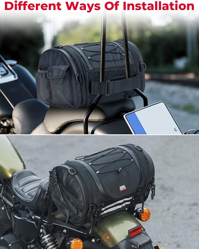 KEMIMOTO Motorcycle Motorcycle Tail Bags 18-20L Expandable Sissy Bar Bag Water-Resistant Rear Seat Roll Luggage Hard Shape with Rain Cover & 4 Straps