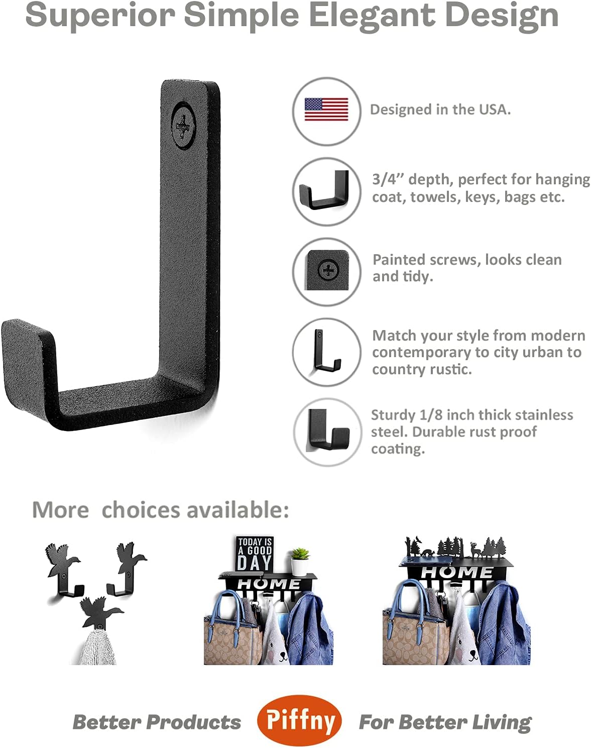 Robe & Towel Hook, 6 Pack Heavy Duty Stainless Steel Outdoor Wall Hooks for Hanging Towel, Coat, Backpack, Keys, etc (Modern Industrial)