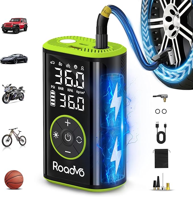 Roadvo Tire Inflator Portable Air Compressor – 150 PSI Cordless Bicycle Pump with Pressure Gauge, Digital Air Pump with 10000mAh Battery for Car, Road Bike, Electric Bike, MTB, Motorcycle, Balls