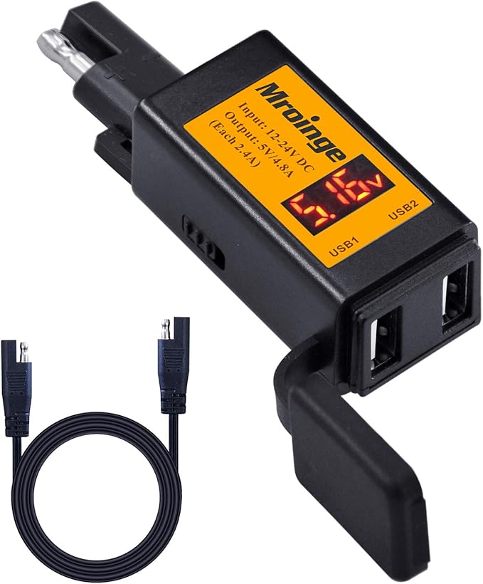 Motorcycle USB Charger, Mroinge 4.8A SAE to USB Adapter with Voltmeter & Ammeter, Quick Disconnect Plug with Dual USB Charger Perfect for Smart Device Charging, with ON/Off Switch & Waterproof Cover