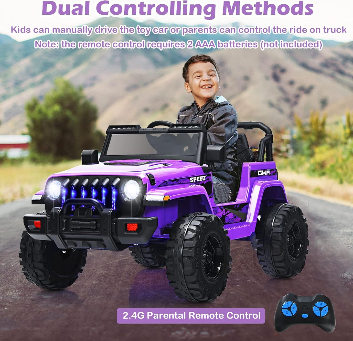 INFANS Kids Ride on Car Truck with 2.4G Remote Control, 12V Battery Powered Electric Cars for Kids w/3 Speeds, Battery Display, LED Lights, Safety Belt, Music & Horn, Bluetooth/FM/USB (Purple)