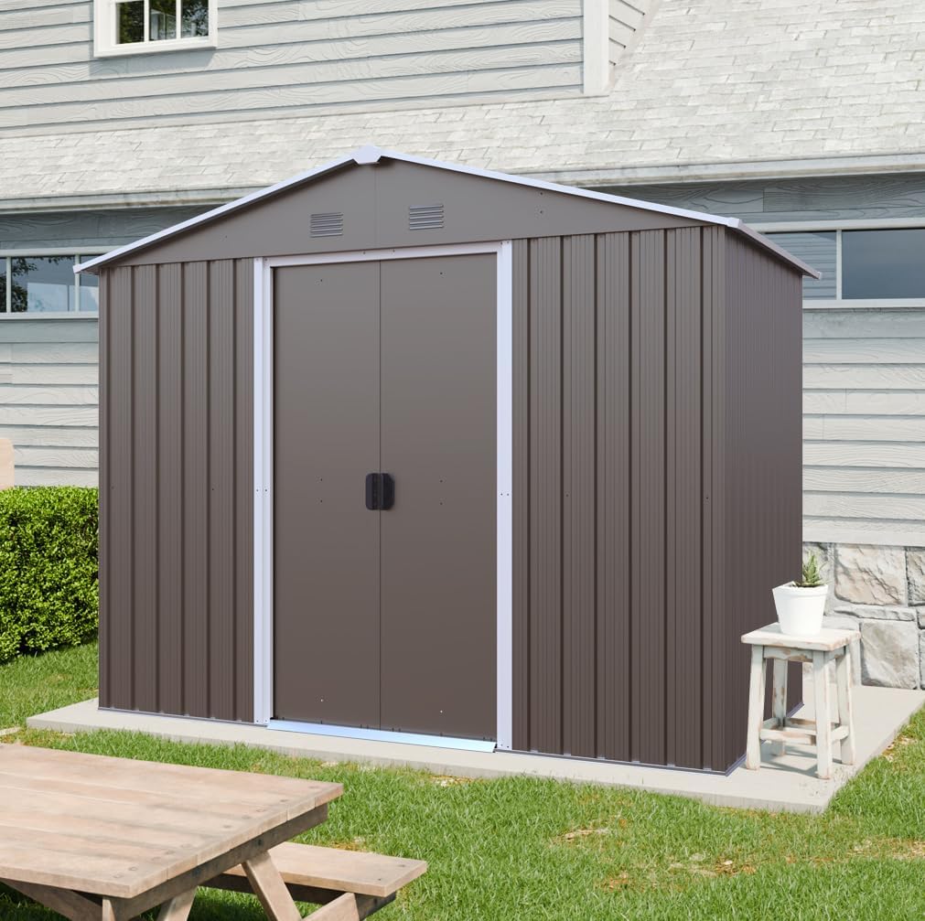 4x8 FT Outdoor Storage Shed, Metal Garden Shed with Frame Floor, Outside Tool Shed with Lockable Sliding Doors, Waterproof Storage Building with Sloped Roof for Backyard, Patio, Lawn, Warm Gray
