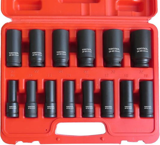 1/2 Inch Deep Drive Impact Socket Set,6-Point,Metric (10mm-32mm),14 Pcs,Cr-Mo Steel,With a Storage Case