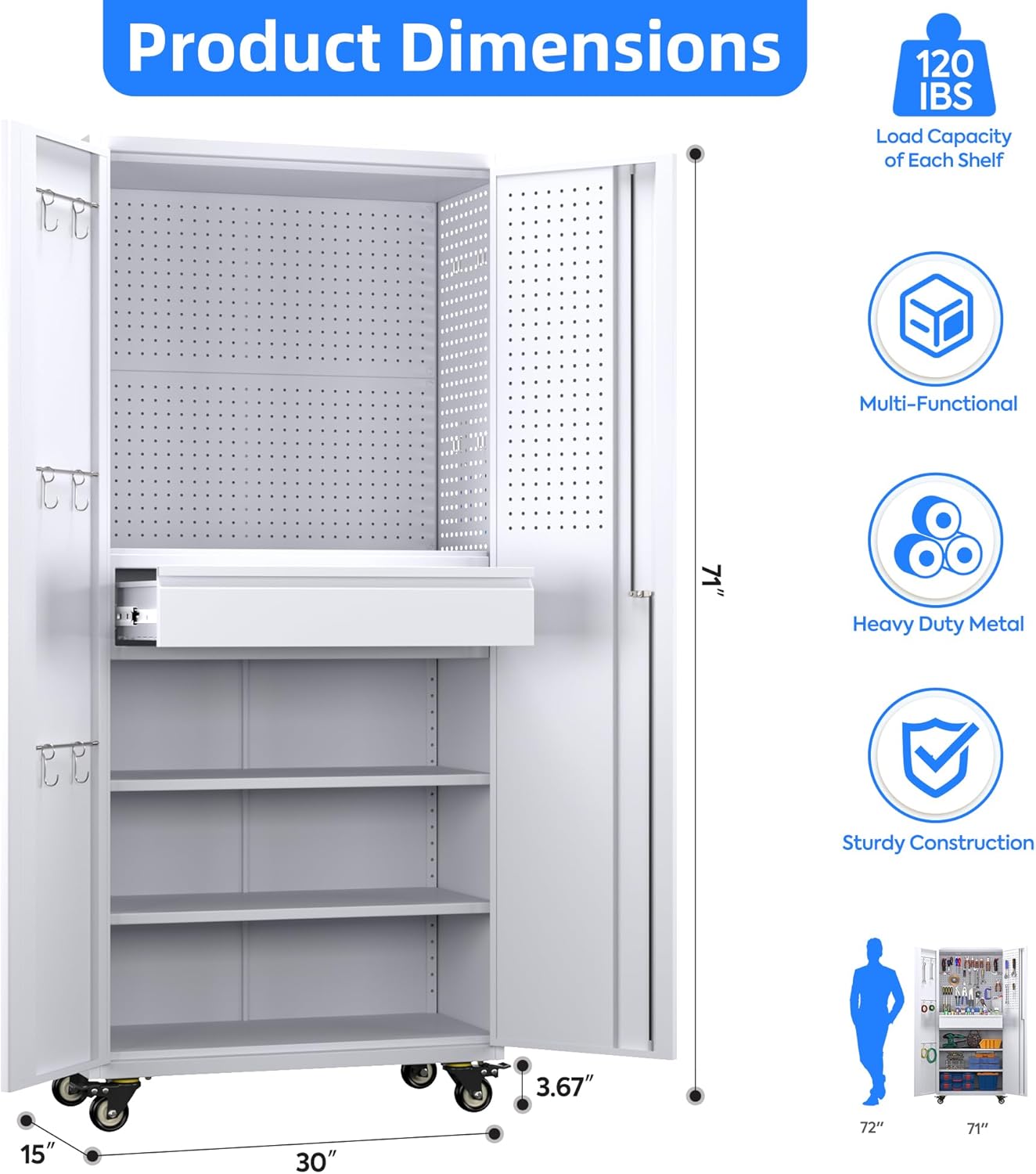 71" Metal Garage Storage Cabinet with 16 Hooks and Pegboards,1 Drawer Inside Rolling Tool Storage Cabinet with Adjustable Shelves,3 Metal Hanging Rod for Garage,Warehouse(White)