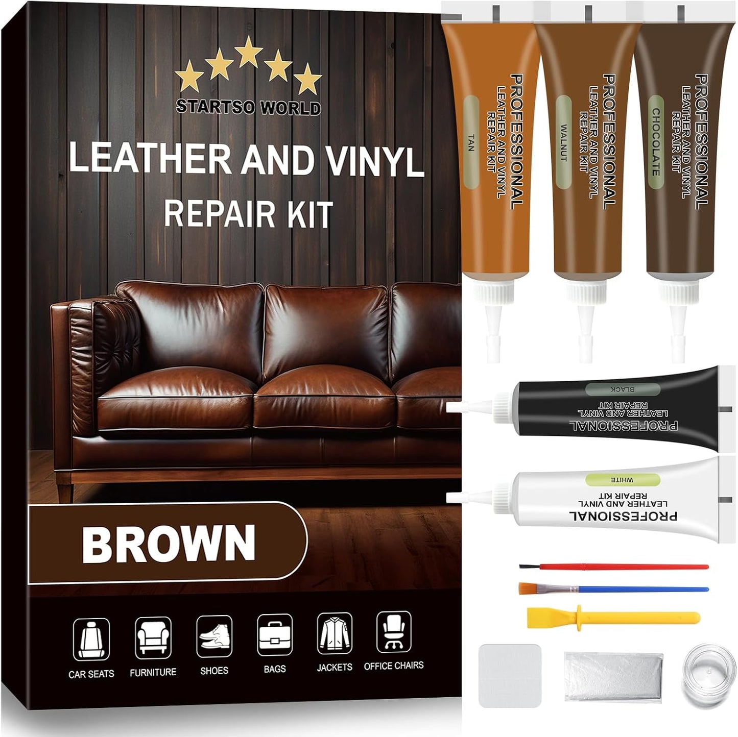 STARTSO WORLD Brown Leather & Vinyl Repair Kit for Furniture, Couches, Car Seats, Sofas, Boat Seats, Jackets with Easy Instructions, Repair Scratches, Tears, and Holes in Pleather, Genuine Leather