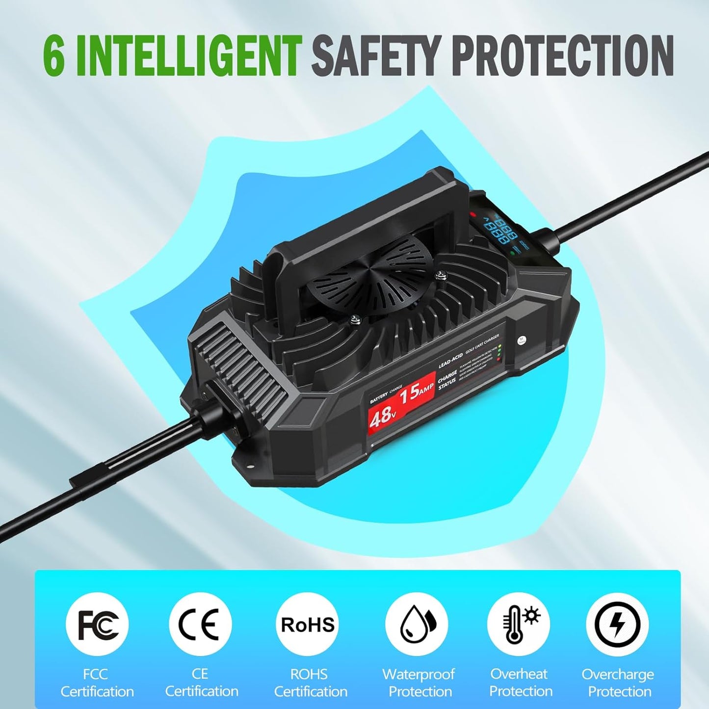 Xislet 15 AMP 48 Volt Golf Cart Battery Charger Compatible with 1995-2025 Club Car Precedent & DS, Round Plug Cable, Lightweight, Waterproof, LED Screen Display, for Lead Acid Battery - Black