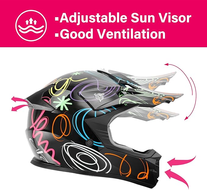 XFMT DOT Youth Kids Dirt Bike Helmet Full Face Motocross Helmets for Off-Road ATV Street Bike Four Wheeler Motorcycle with Goggles & Gloves, Graffiti X-Large