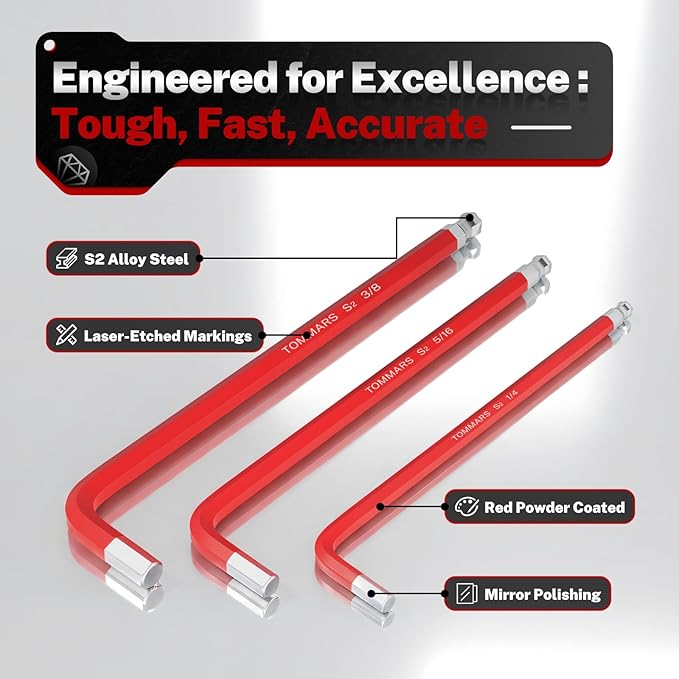 TOMMARS Hex Key Set Magnetic Ball End S2 Steel With T-Handle Hex Key Allen Wrench Set SAE(1/16"-3/8") Metric(1.5mm-10mm) TORX(T10-T50)