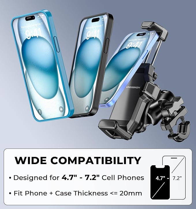 Motorcycle Phone Mount [Vibration Dampener] [High-Speed Secure Lock] Anti-Shake Motorcycle Cellphone Holder, Bike Phone Mount with Short Arm for 0.5"-1.26" Handlebar, 4.7"-7.2" Smartphone