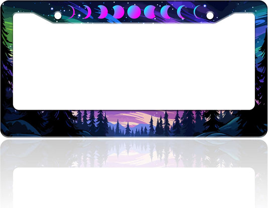 Moon Phases Aurora Forest License Plate Frame Night Sky Stainless Steel License Plate Holder for Front or Rear Car Tags Funny for Car Decoration Accessories with Screws 6.3 X 12.2 in for Women Men
