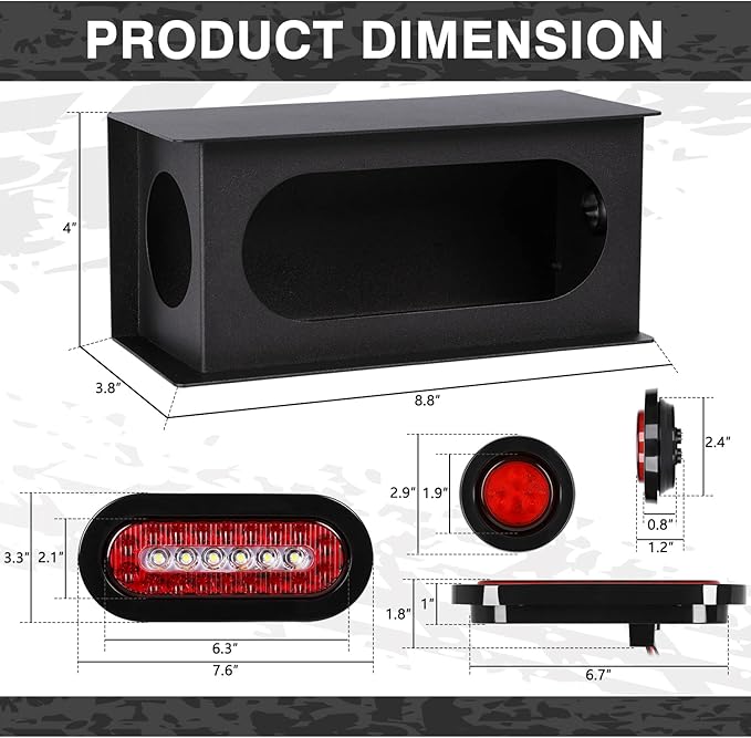 2 Pcs Trailer Light Steel Boxes Housing Kit with w/6" Oval Red/White LED Tail Lights and w 2" Round Red LED Side Lights, Included Grommets Wire Connectors(2 with Boxes)