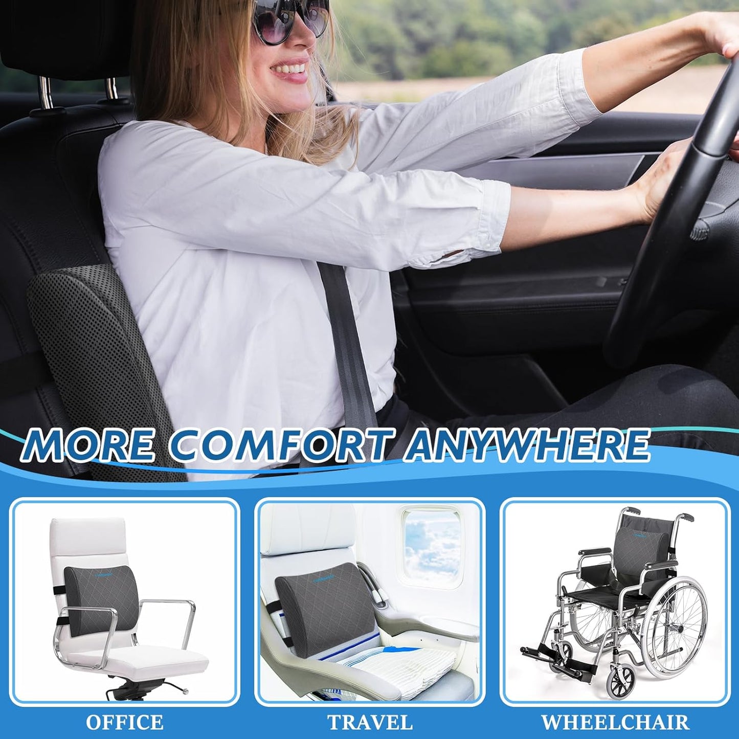 Lumbar Support Pillow for Office Chair Back Support Lumbar Pillow for Car, Gaming, Office Chair - Improve Sitting Posture & Back Pain Relief, Memory Foam, Adjustable Straps, Grey