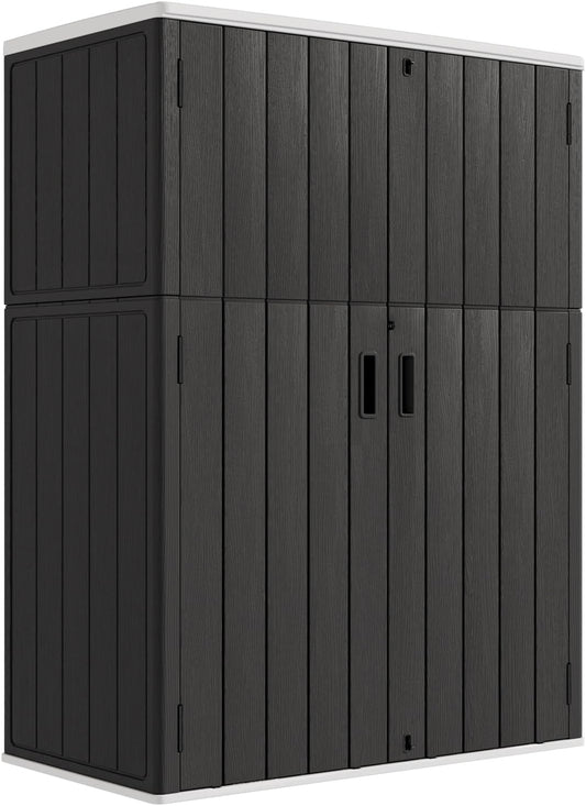 KINYING Outdoor Storage Cabinet Waterproof, 57 Cu.ft Resin Vertical Outdoor Storage Shed for Patio Furniture, Garden Tools, Pool Accessories, Mower Storage (Black)