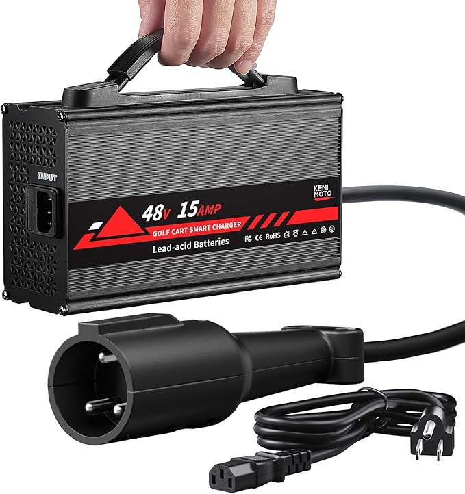 KEMIMOTO 48V Golf Cart Charger for Club Car Precedent/DS 1995-2008, 15A Golf Cart Battery Charger, Overcharge Protection, Full in 4-6H, Trickle Charge, 16 ft, 3-pin Round Plug, for Lead Acid Battery