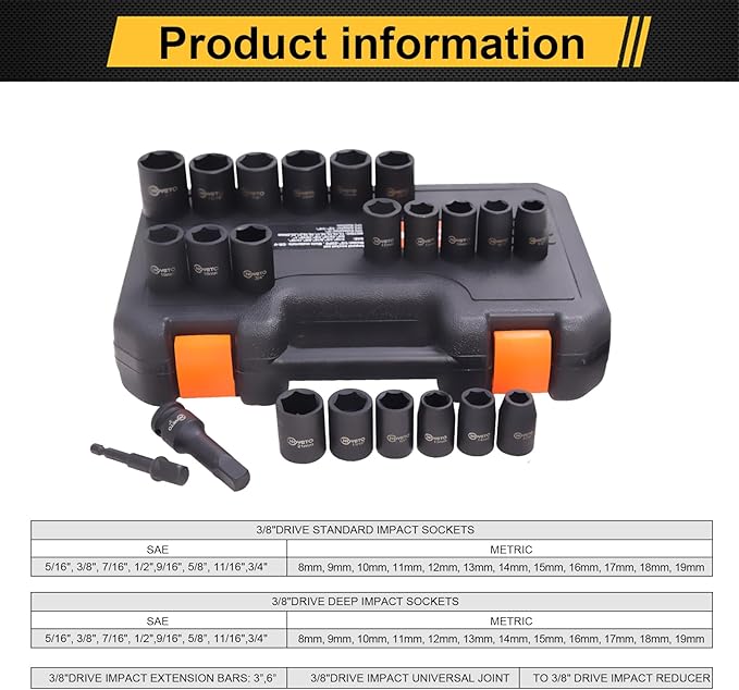1/2" Drive Impact Socket Set, 23-Piece Metric (13–24mm), 6-Point Cr-V Alloy Steel, with Ratchet Handle & Storage Case – Rugged Construction for Auto Repair