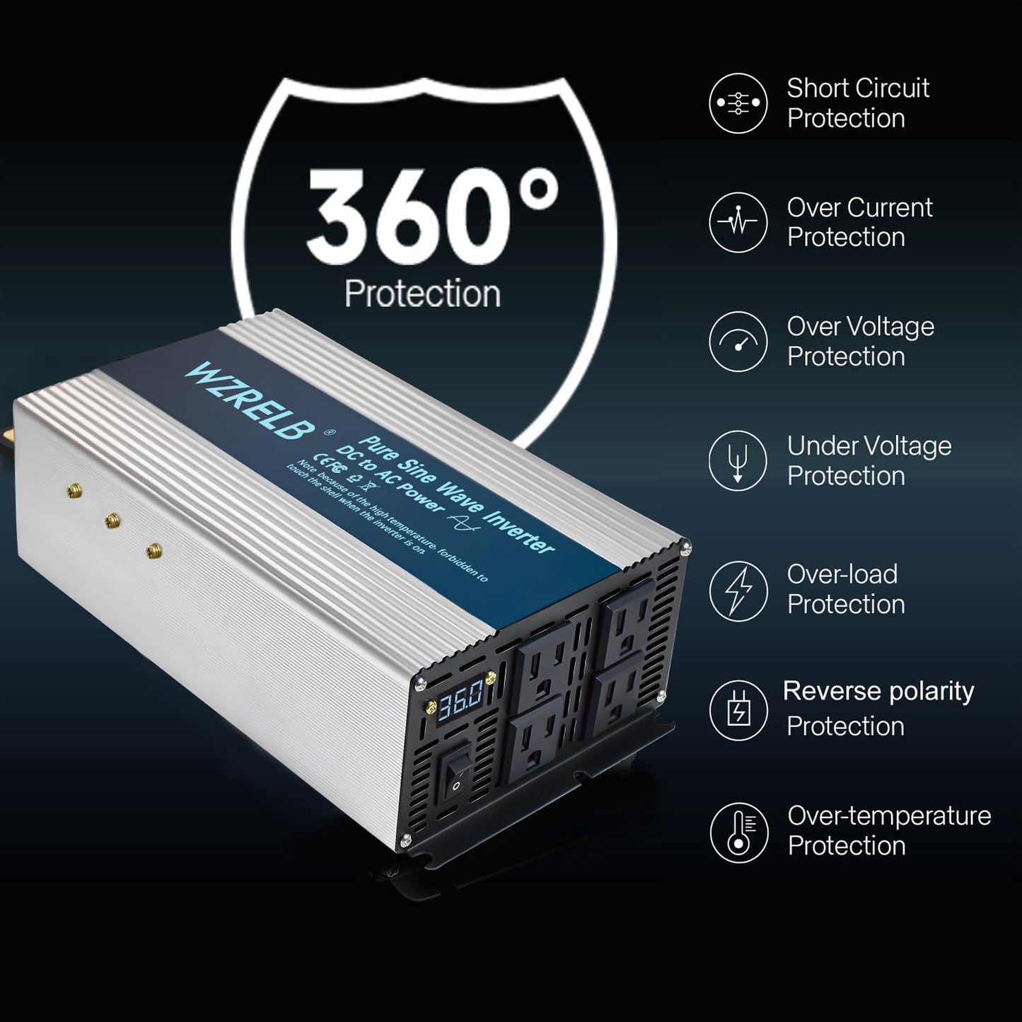 WZRELB 2000W Pure Sine Wave Inverter 36V DC to 110V 120V AC, Car Power Inverter with 4 AC Outlets, LED Display,Off-Grid Portable Power Converter for Home, RV, Truck, Camping