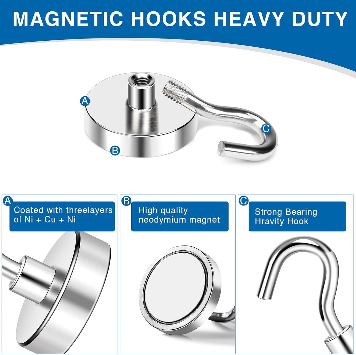 LOVIMAG Strong Magnetic Hooks, 40LBS Neodymium Magnets with Hooks Magnetic Hooks Cruise for Refrigerator, Powerful Magnet Hooks Magnetic Hanger for Hanging, Grill, Locker,Kitchen, Metal Door-12 Pack