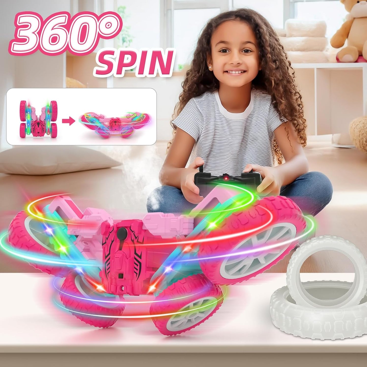 Remote Control Car for Girls, RC Cars 2.4GHz Fast RC Stunt with Strip Light, RC Trucks with Spray 4WD 360° Rotating, Off Road RC Cars Xmas Birthday Gift for Girls (Pink)