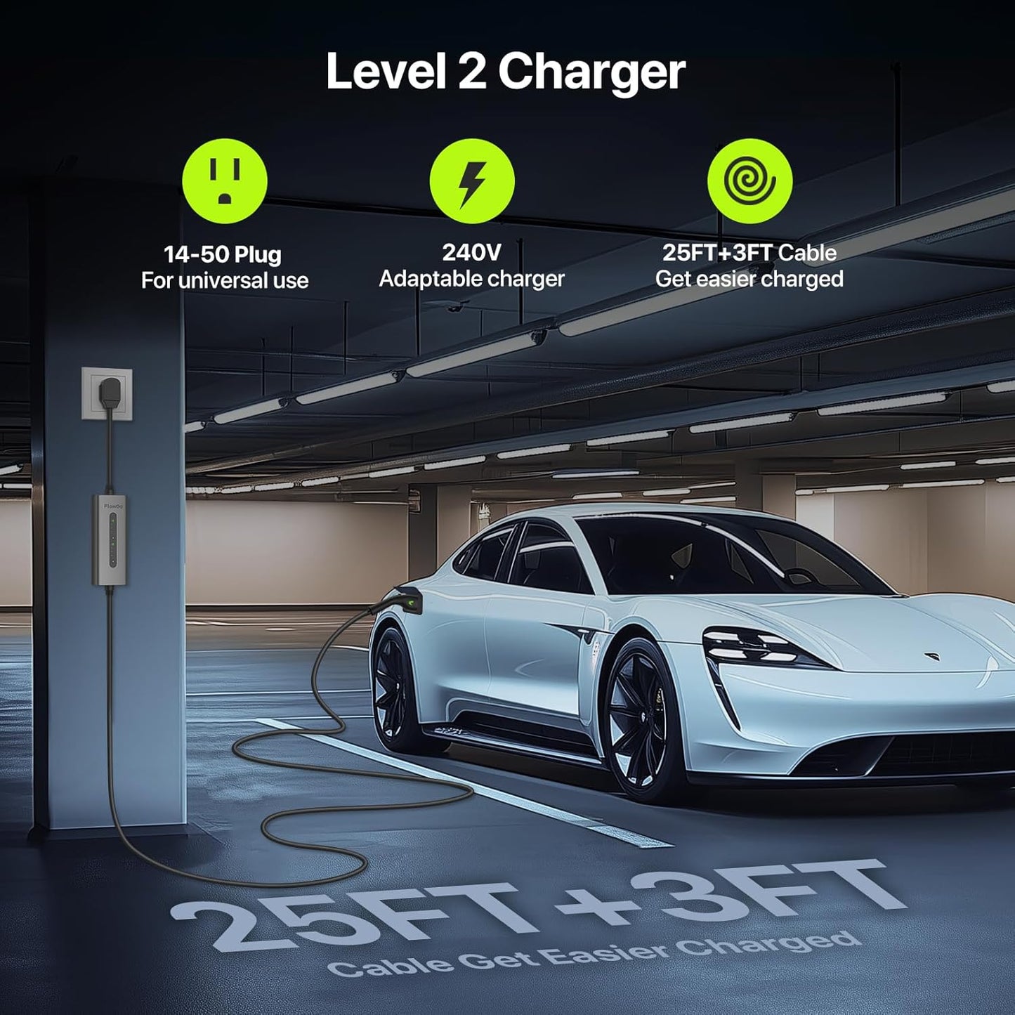 Level 2 EV Charger 40A J1772 Connector 9.6KW Electric Car Charger 240V with 14-50 Plug 25 FT Cable 15-40 Amps Adjustable Current Mobile Vehicle Charging Station for All EVs