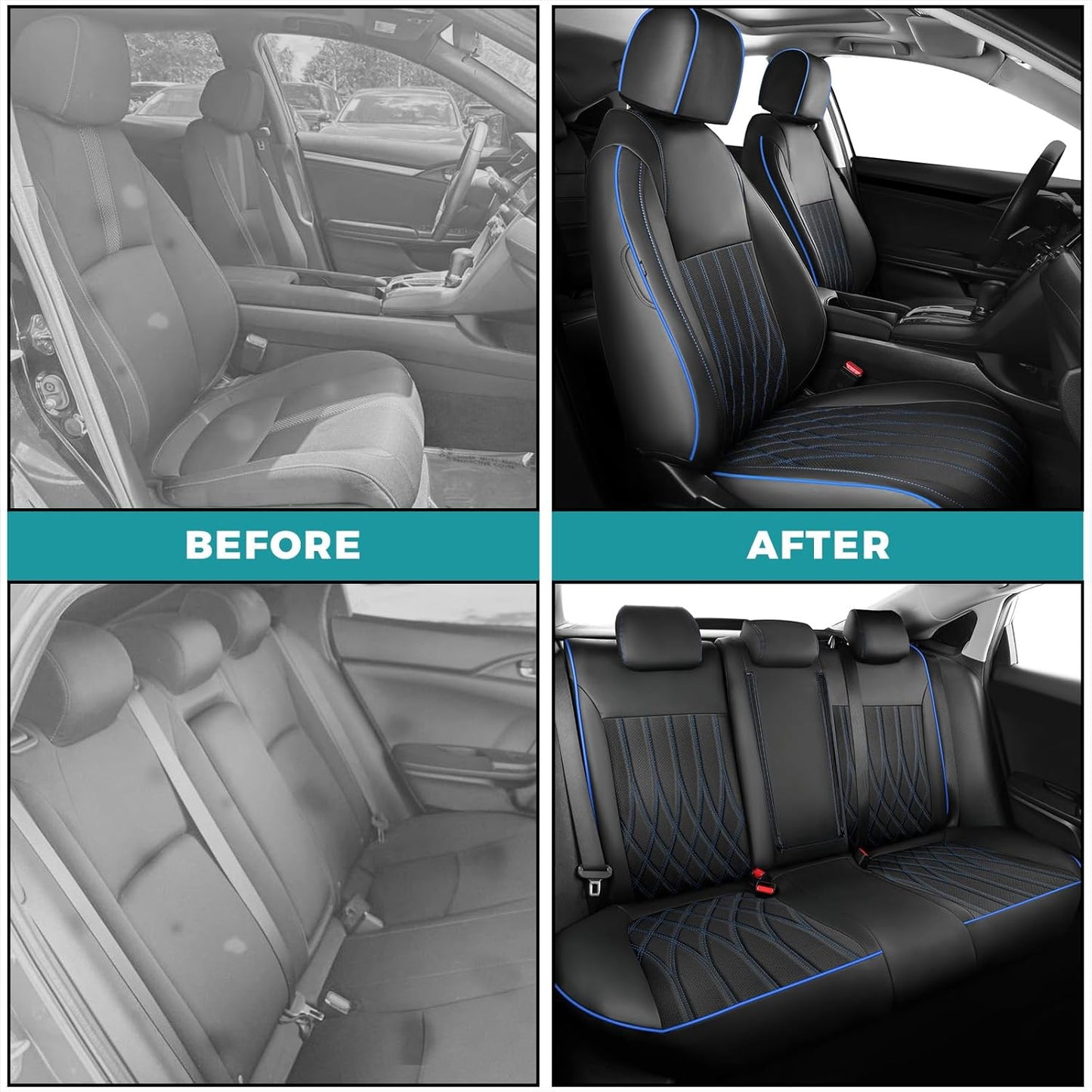 Seat Covers for Honda Civic Sedan 4DR Sedan EX 2022 2023 2024 2025.Faux Leather Car Seats Cover Full Set (Rear Row 40/60 Split & Folding Backrest)-BlackBlue