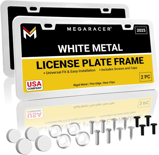 Premium Slim White License Plate Frames – 2 Pack, Rust-Free Stainless Steel, Street Legal & Rattle-Free, Universal Fit with Screw Covers, Sleek Thin Metal Front & Rear Car Tag Holders for Men & Women