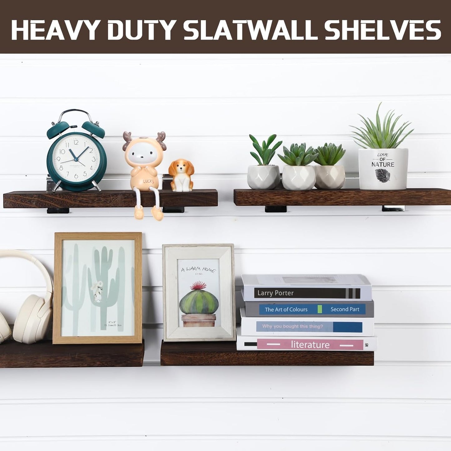 4 Pack Wooden Slatwall Shelf, 16.1" D x 6.7" W x 1.1" H Slatwall Shelves with Metal Hooks Organizer Set Mounted Accessories for Garage Home Workshop Workbench (Brown)